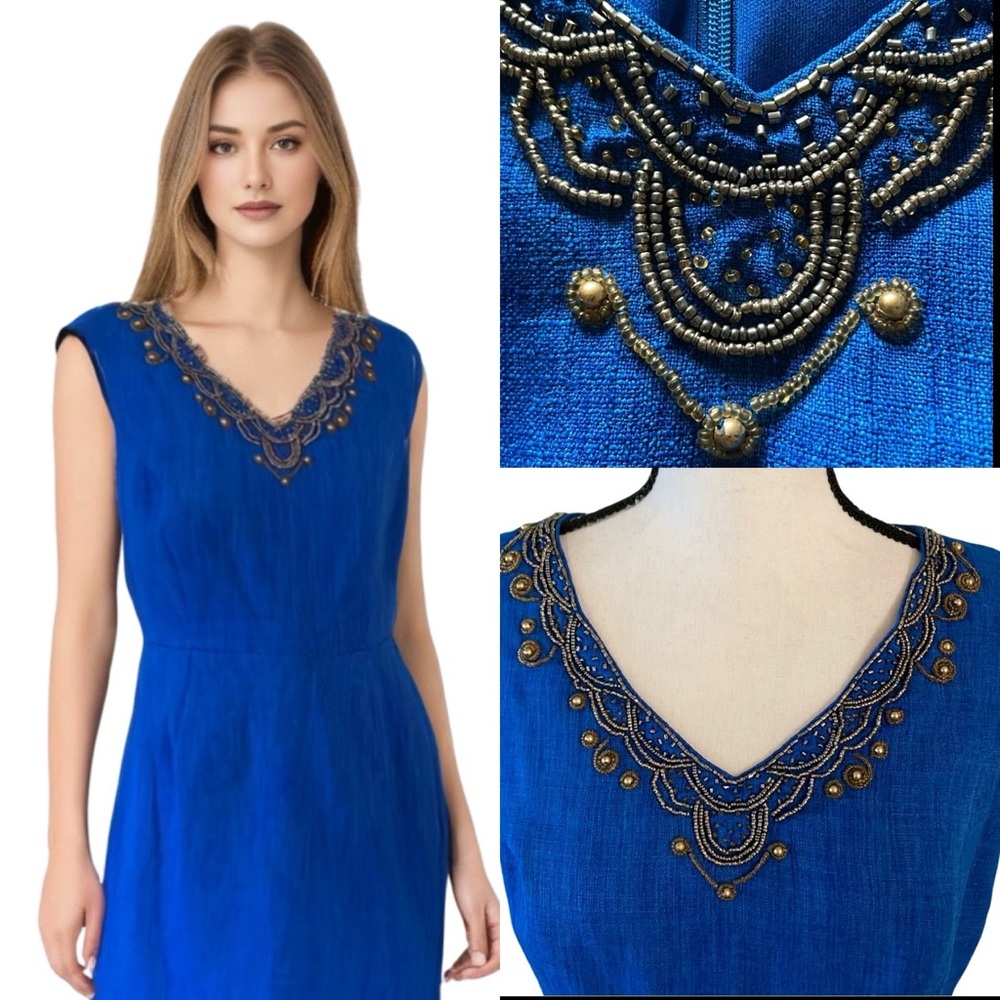 Ellen Tracy Royal Blue Sheath Dress with Beaded Embellished V Neckline Size 8